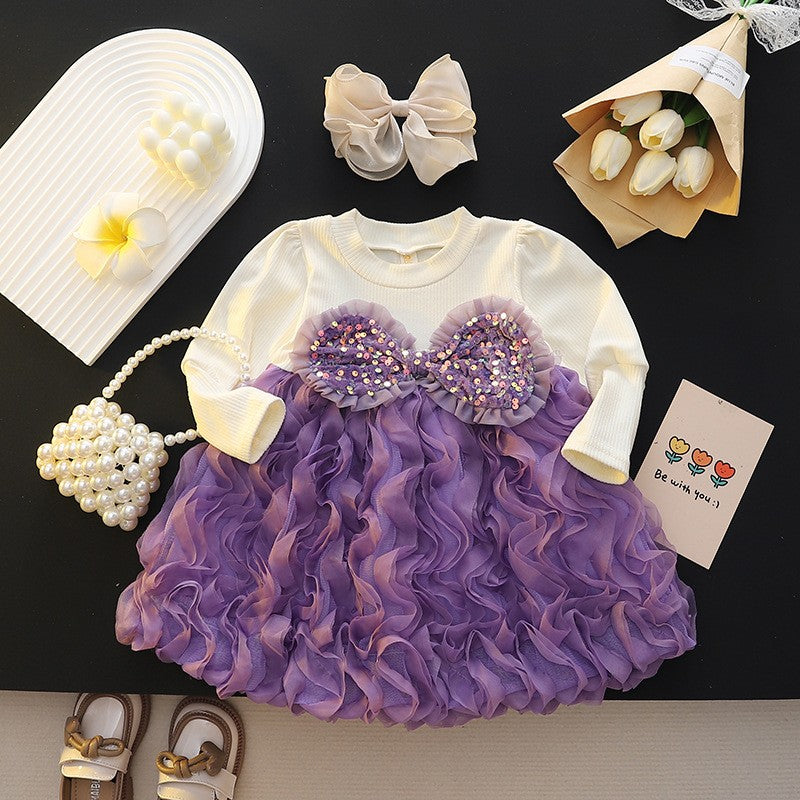 Girls’ Purple Ruffle Tulle Party Dress with Sequin Bow Detail | Cute Long-Sleeve Outfit for Baby & Toddler Girls