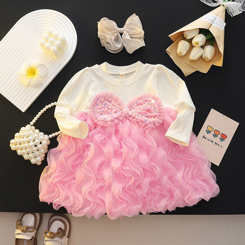 Girls Pink Tulle Party Dress with Sparkling Bow Detail – Elegant Princess Outfit