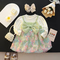 Girls’ Pastel Green Bow Tulle Pinafore Dress Set with Floral Skirt | Cute Long-Sleeve Outfit for Baby & Toddler Girls