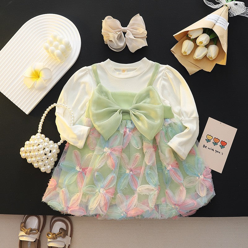 Girls’ Pastel Green Bow Tulle Pinafore Dress Set with Floral Skirt | Cute Long-Sleeve Outfit for Baby & Toddler Girls