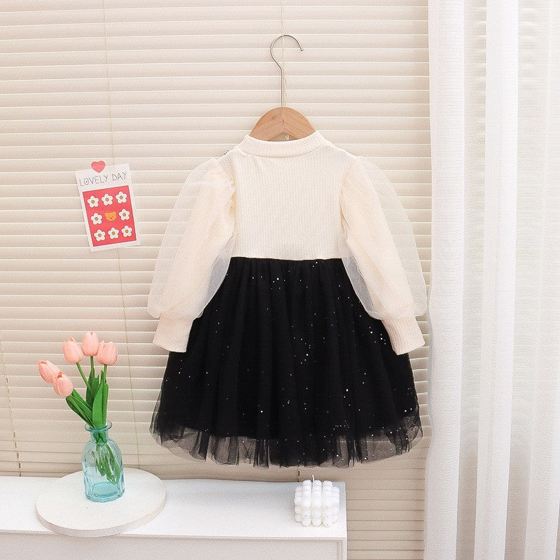 Girls Black & White Tulle Party Dress with Plaid Bodice & Bow Details – Elegant Princess Outfit