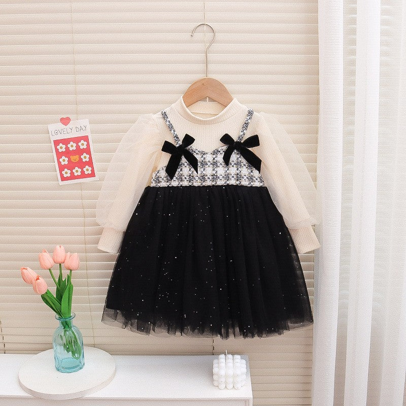Girls Black & White Tulle Party Dress with Plaid Bodice & Bow Details – Elegant Princess Outfit