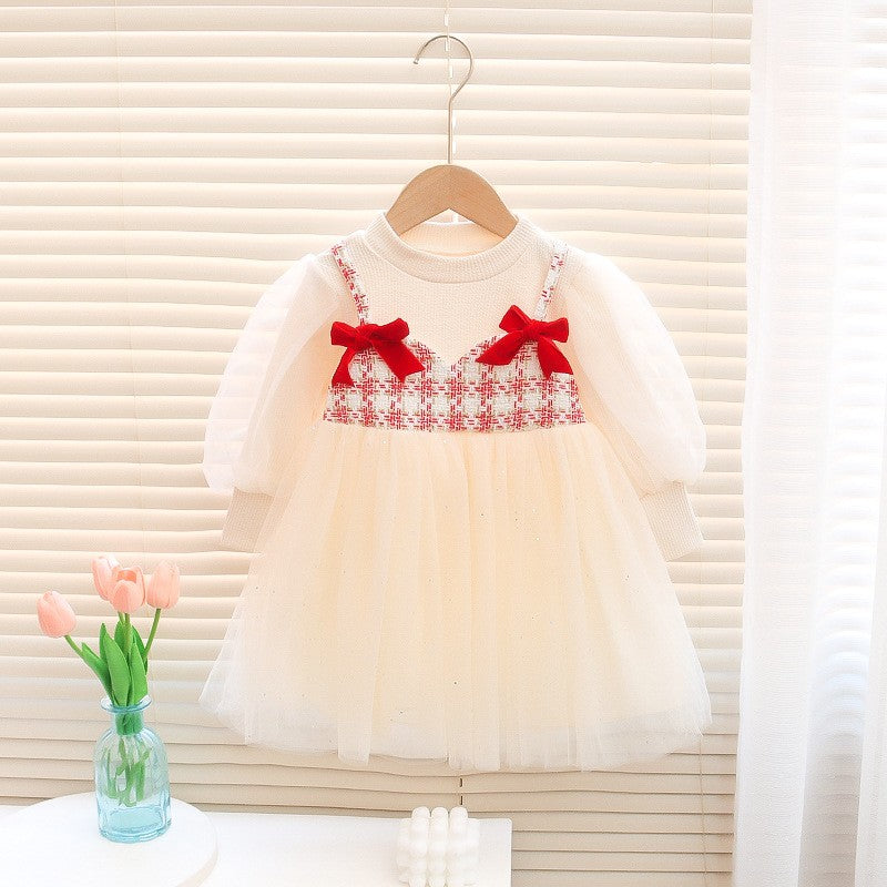 Girls Cream Tulle Party Dress with Red Bow Details – Elegant Special Occasion Outfit