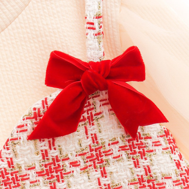 Girls Cream Tulle Party Dress with Red Bow Details – Elegant Special Occasion Outfit
