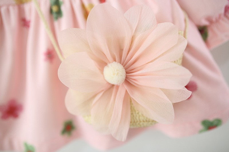 Girls Pink Floral Dress with Flower Purse – Cute Long Sleeve Party Outfit