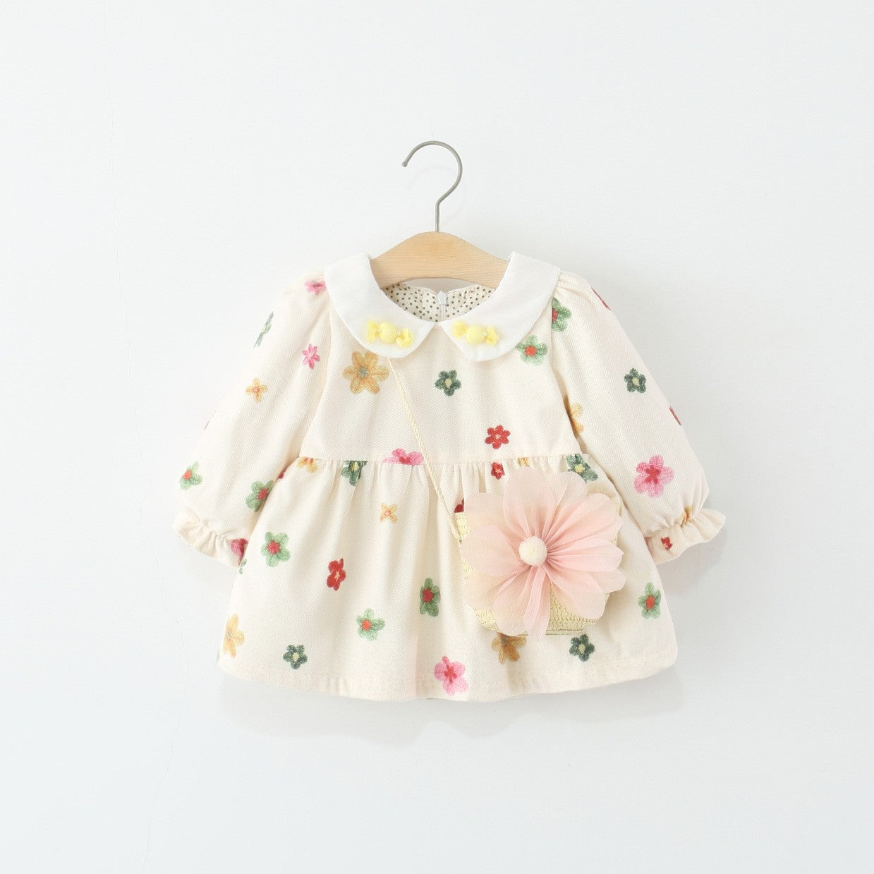 Girls’ Cream Floral Peter Pan Collar Dress with 3D Flower Detail | Cute Long-Sleeve Outfit for Baby & Toddler Girls