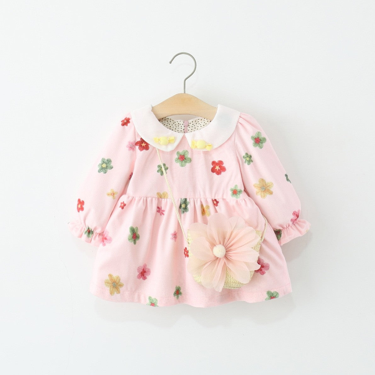 Girls Pink Floral Dress with Flower Purse – Cute Long Sleeve Party Outfit