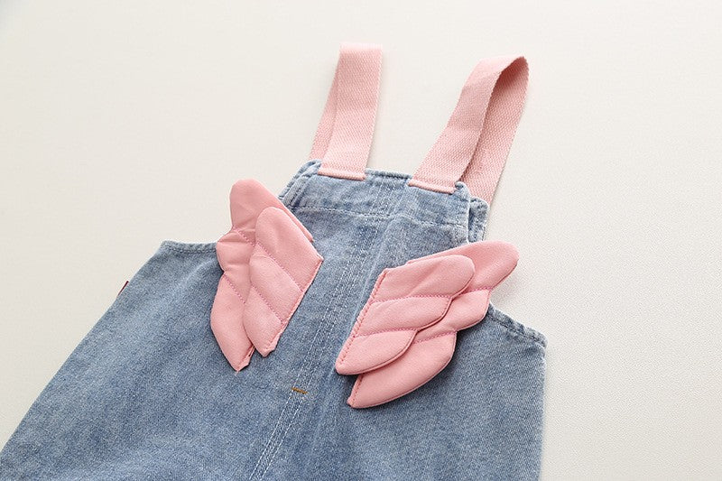Girls Denim Overall Romper & Rainbow Sleeve T-Shirt Set – Cute Casual Outfit