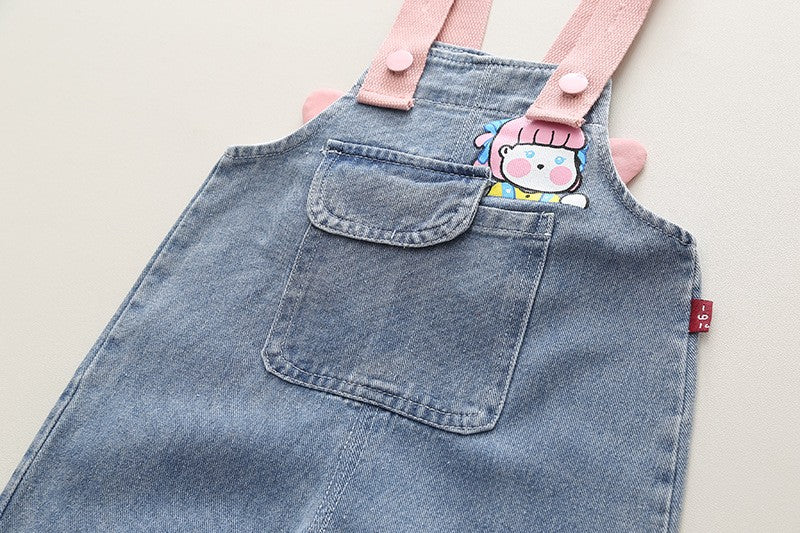 Girls Denim Overall Romper & Rainbow Sleeve T-Shirt Set – Cute Casual Outfit