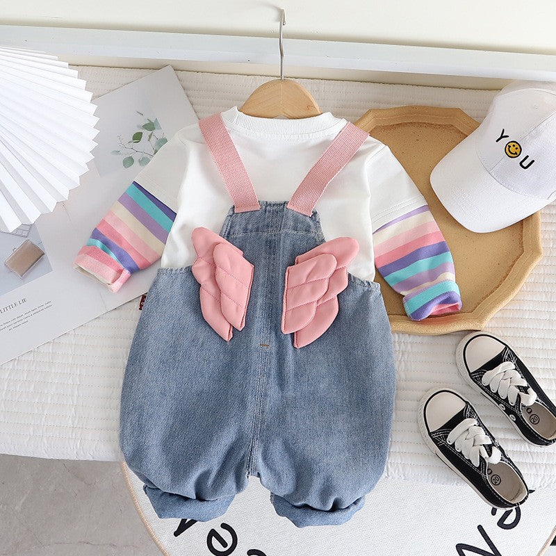 Girls Denim Overall Romper & Rainbow Sleeve T-Shirt Set – Cute Casual Outfit