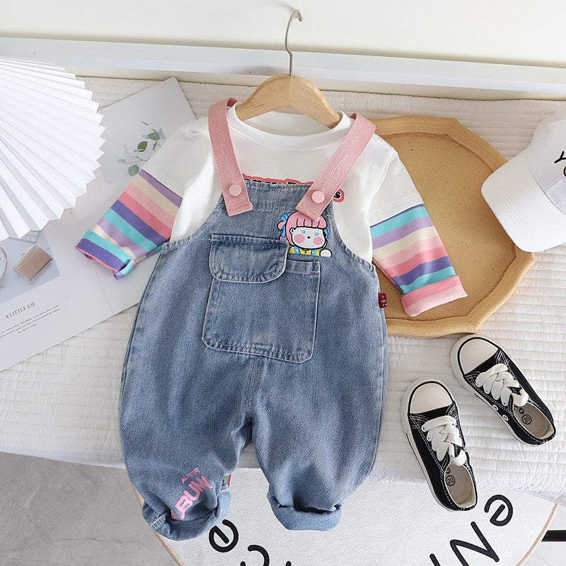 Girls Denim Overall Romper & Rainbow Sleeve T-Shirt Set – Cute Casual Outfit