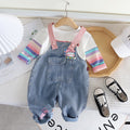 Girls Denim Overall Romper & Rainbow Sleeve T-Shirt Set – Cute Casual Outfit