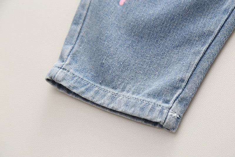 Girls Denim Overall Romper & Rainbow Sleeve T-Shirt Set – Cute Casual Outfit