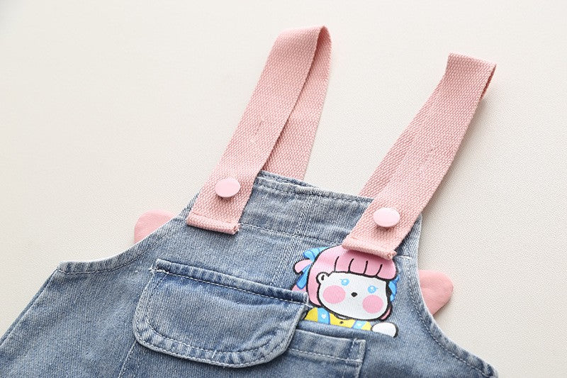 Girls Denim Overall Romper & Rainbow Sleeve T-Shirt Set – Cute Casual Outfit