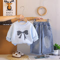 Girls’ Light Blue Christmas Bow Sweatshirt & Denim Pants Set