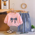 Girls’ Pink Christmas Bow Sweatshirt & Denim Pants Set