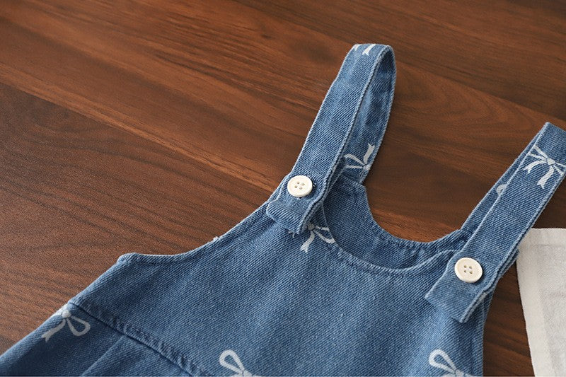 Girls Bow Print Denim Overalls & White Peter Pan Collar Blouse Set – Cute Casual Outfit