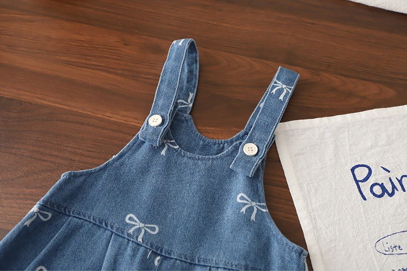 Girls Bow Print Denim Overalls & White Peter Pan Collar Blouse Set – Cute Casual Outfit