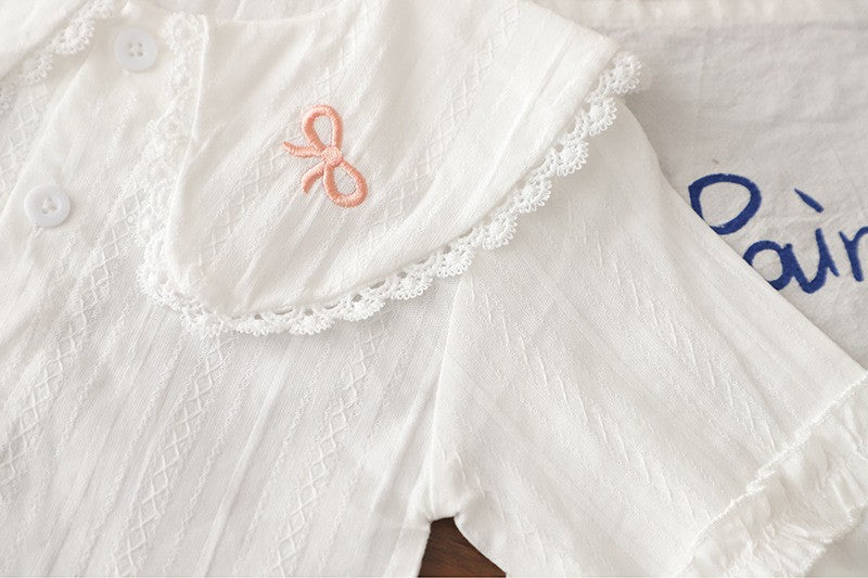 Girls Bow Print Denim Overalls & White Peter Pan Collar Blouse Set – Cute Casual Outfit