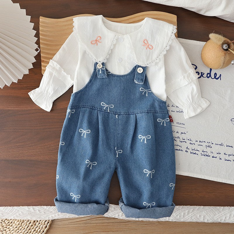 Girls Bow Print Denim Overalls & White Peter Pan Collar Blouse Set – Cute Casual Outfit