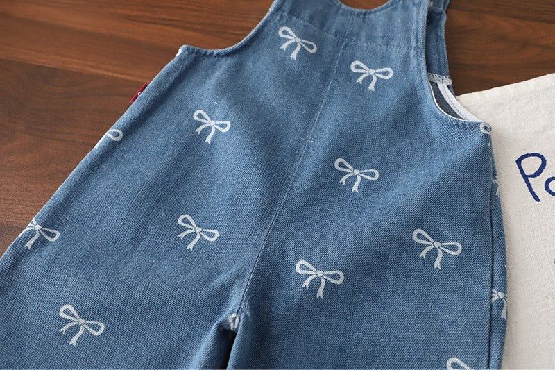 Girls Bow Print Denim Overalls & White Peter Pan Collar Blouse Set – Cute Casual Outfit