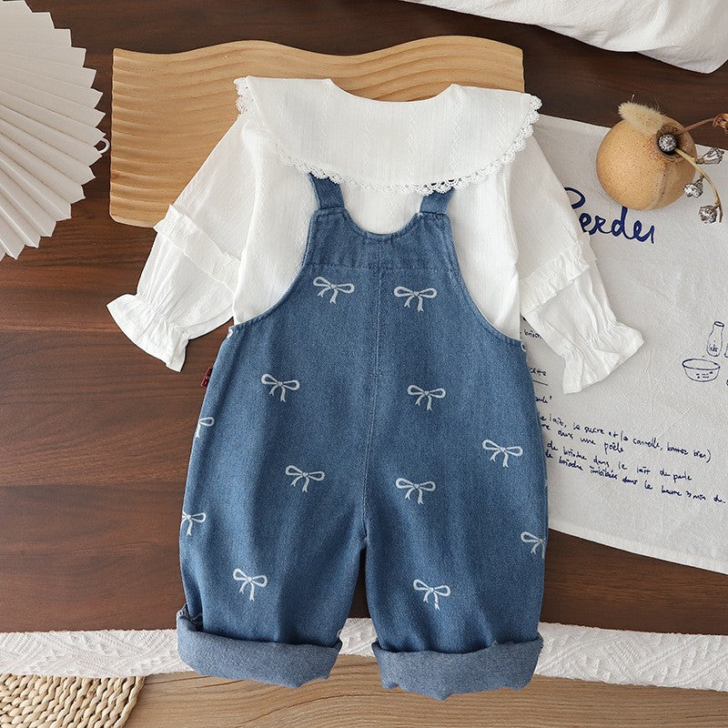 Girls Bow Print Denim Overalls & White Peter Pan Collar Blouse Set – Cute Casual Outfit