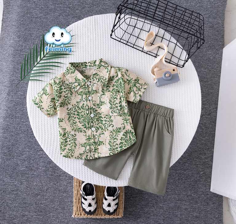 Boys’ Green Floral Print Shirt & Khaki Shorts Set | Stylish Casual Summer Outfit for Kids