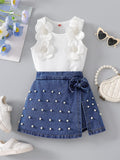 Girls Floral Tank Top & Pearl Denim Skirt Set – Cute Elegant Summer Outfit