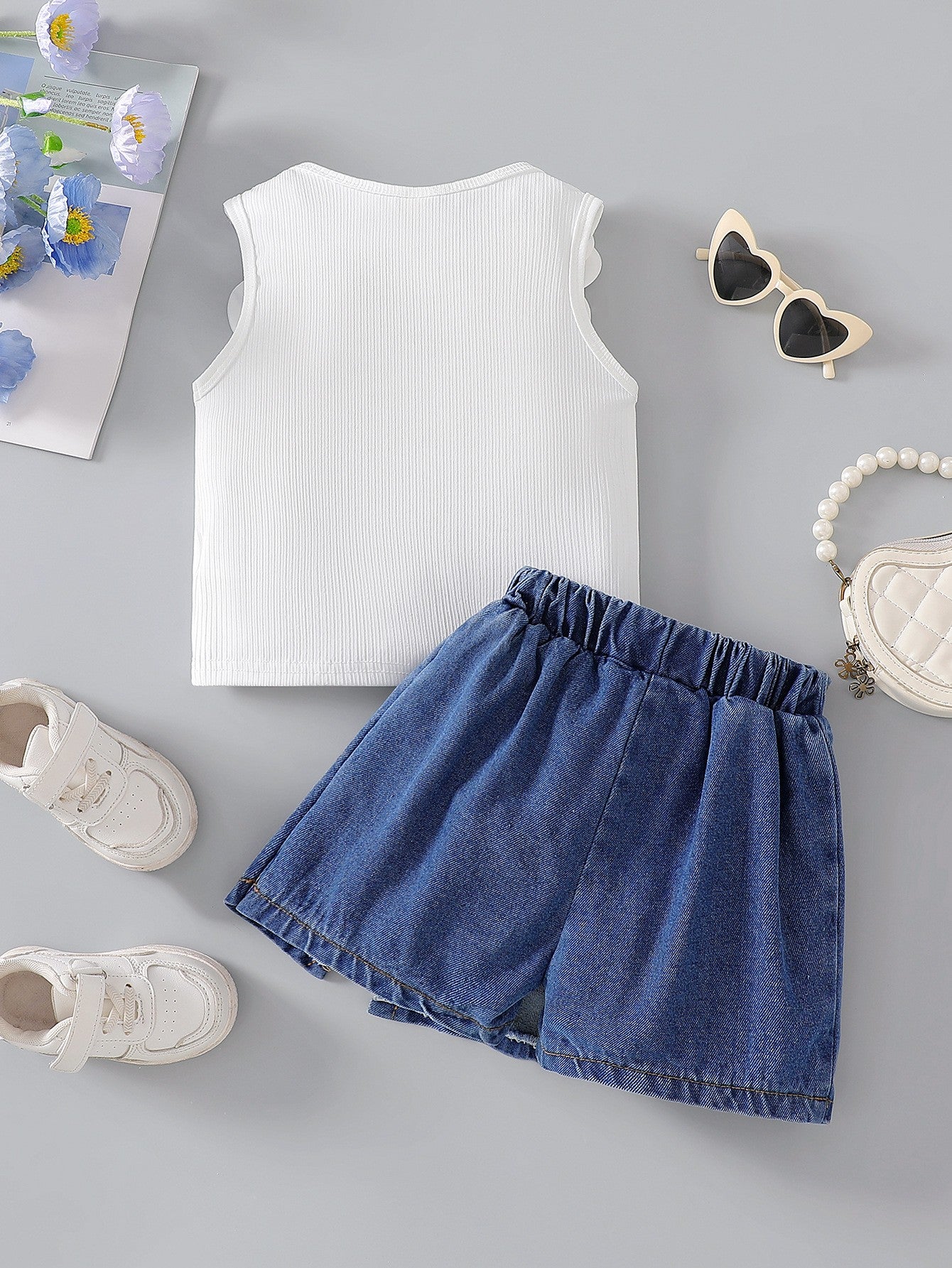 Girls Floral Tank Top & Pearl Denim Skirt Set – Cute Elegant Summer Outfit