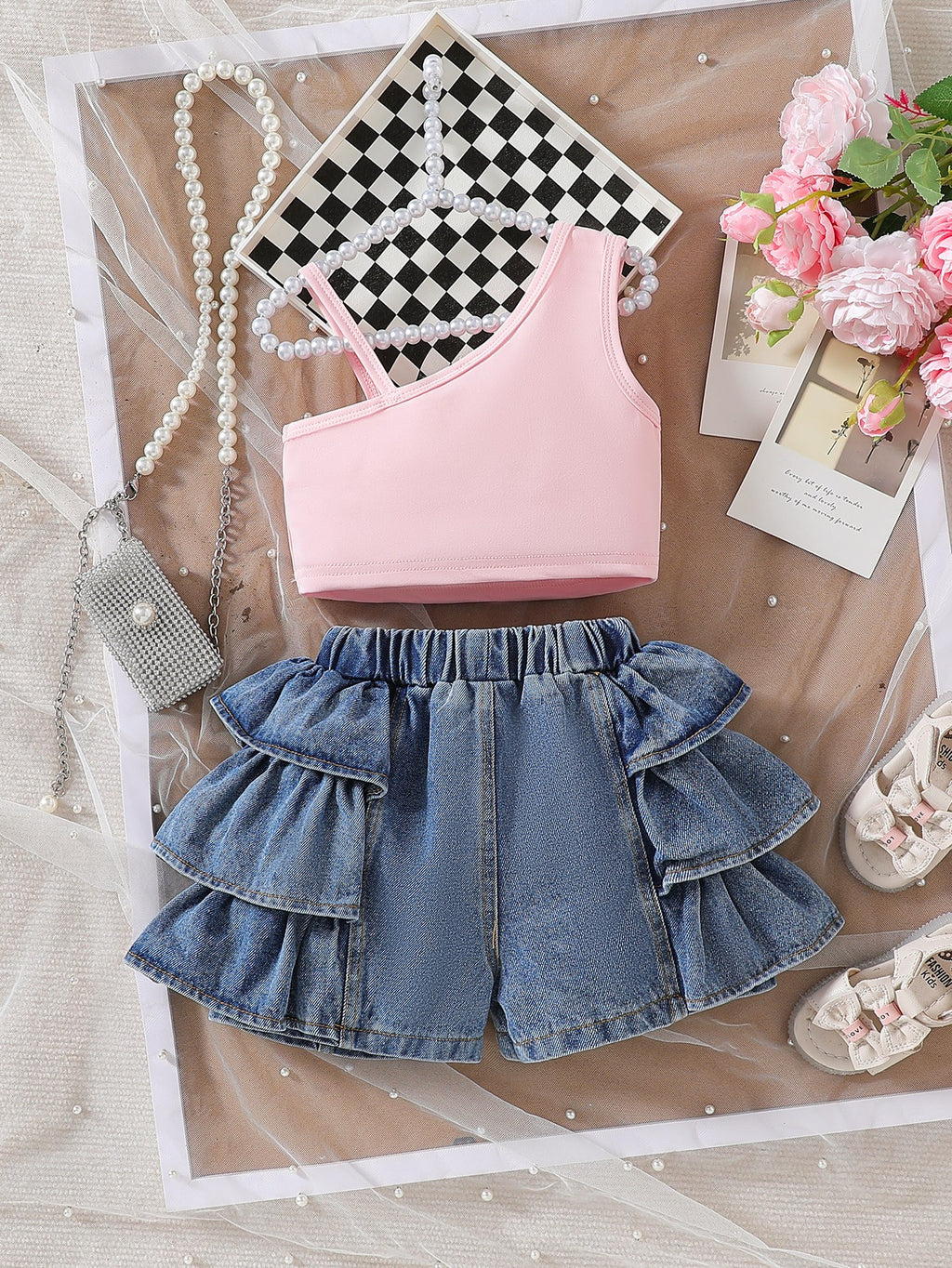 Girls Pink Bow Top & Tiered Denim Skirt Set – Cute Stylish Summer Outfit