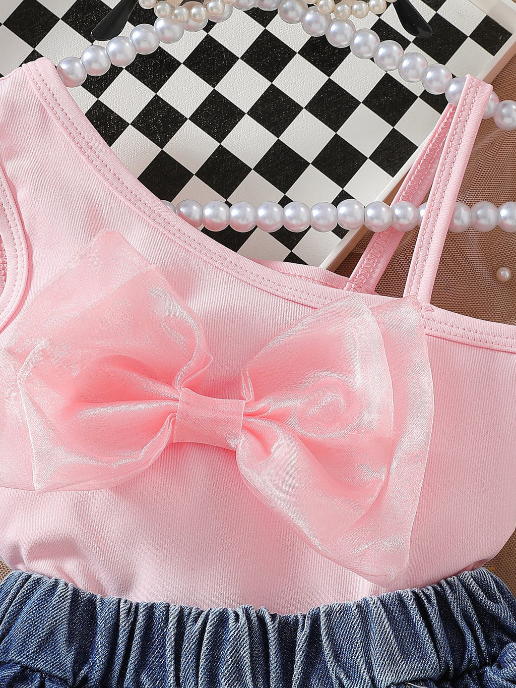 Girls Pink Bow Top & Tiered Denim Skirt Set – Cute Stylish Summer Outfit