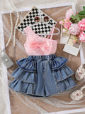 Girls Pink Bow Top & Tiered Denim Skirt Set – Cute Stylish Summer Outfit
