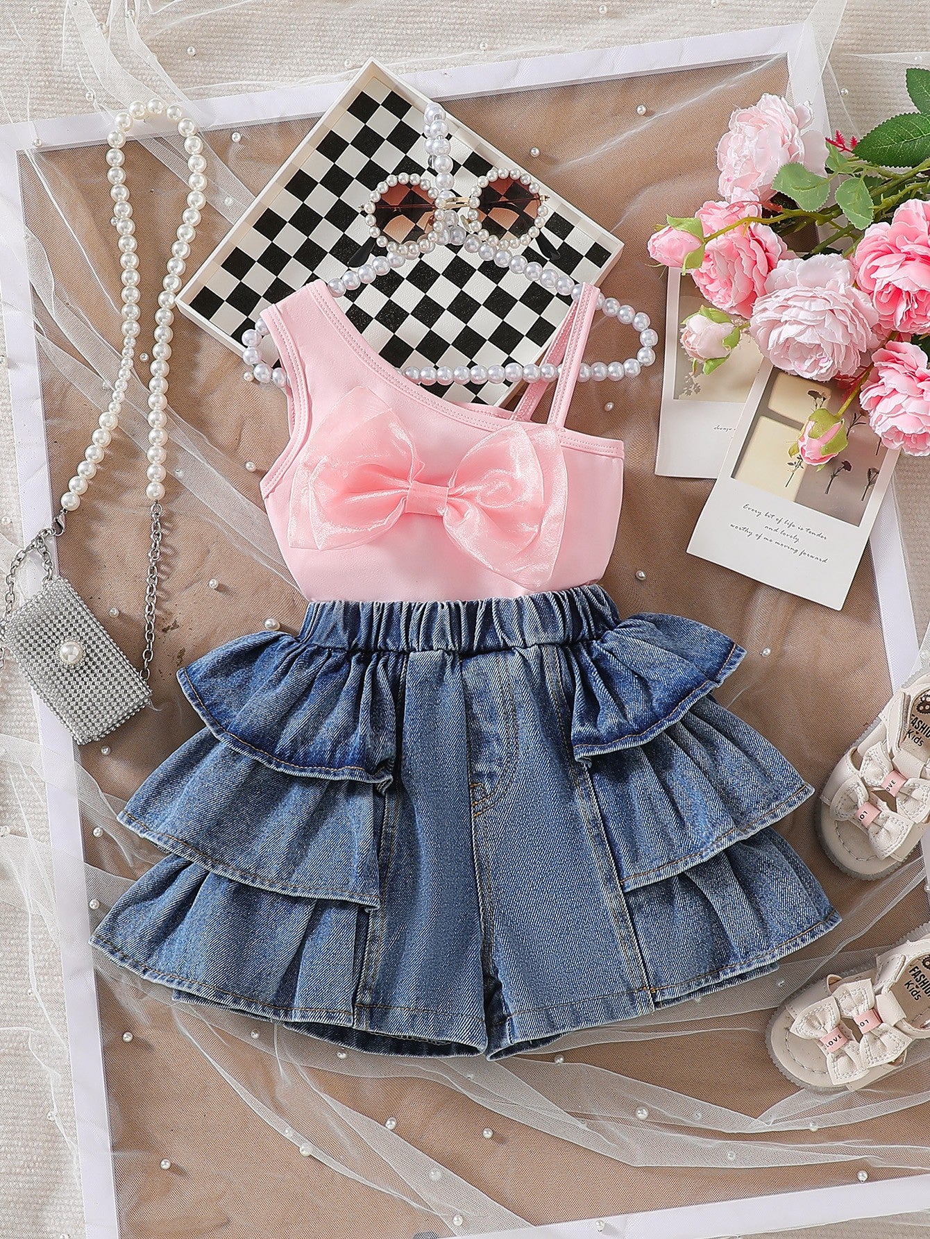 Girls Pink Bow Top & Tiered Denim Skirt Set – Cute Stylish Summer Outfit