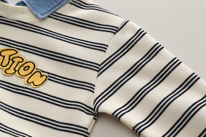 Kids Striped Dinosaur Sweatshirt & Denim Pants Set – Cute Casual Fall & Winter Outfit