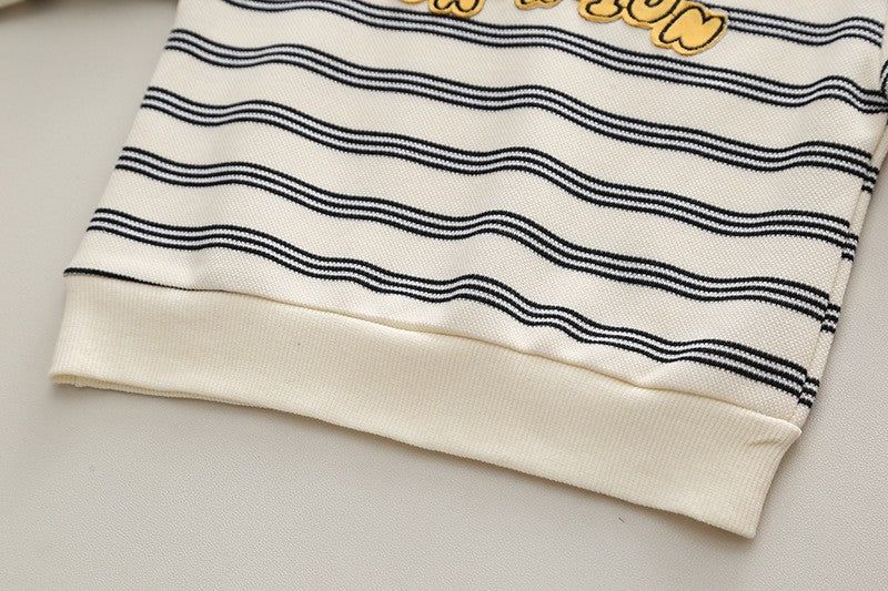 Kids Striped Dinosaur Sweatshirt & Denim Pants Set – Cute Casual Fall & Winter Outfit