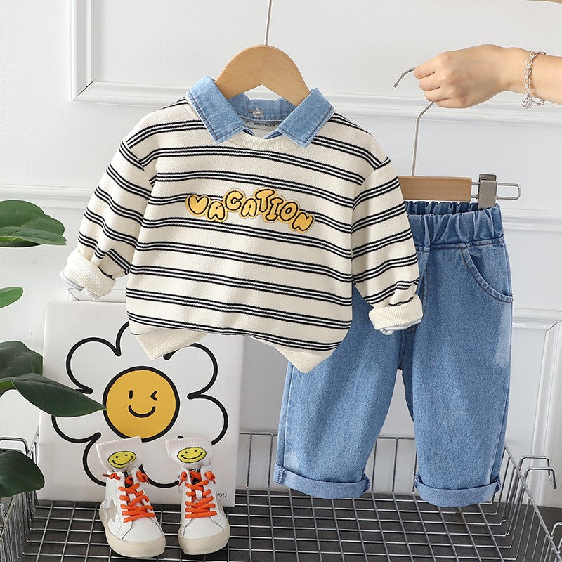 Kids Striped Dinosaur Sweatshirt & Denim Pants Set – Cute Casual Fall & Winter Outfit