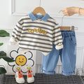 Kids Striped Dinosaur Sweatshirt & Denim Pants Set – Cute Casual Fall & Winter Outfit