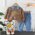 Boys’ Brown Striped Sweatshirt Set with Denim Pants | Cute “Vacation” Graphic Outfit for Kids