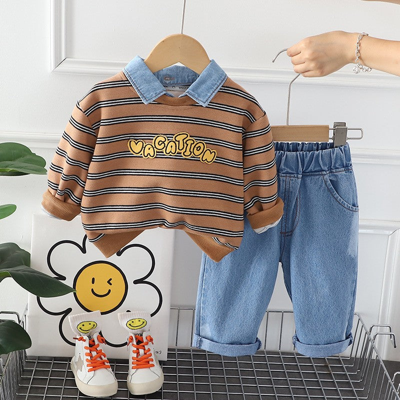 Boys’ Brown Striped Sweatshirt Set with Denim Pants | Cute “Vacation” Graphic Outfit for Kids