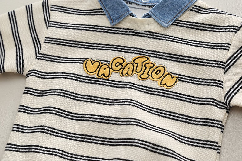 Kids Striped Dinosaur Sweatshirt & Denim Pants Set – Cute Casual Fall & Winter Outfit