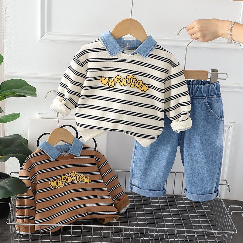 Kids Striped Dinosaur Sweatshirt & Denim Pants Set – Cute Casual Fall & Winter Outfit