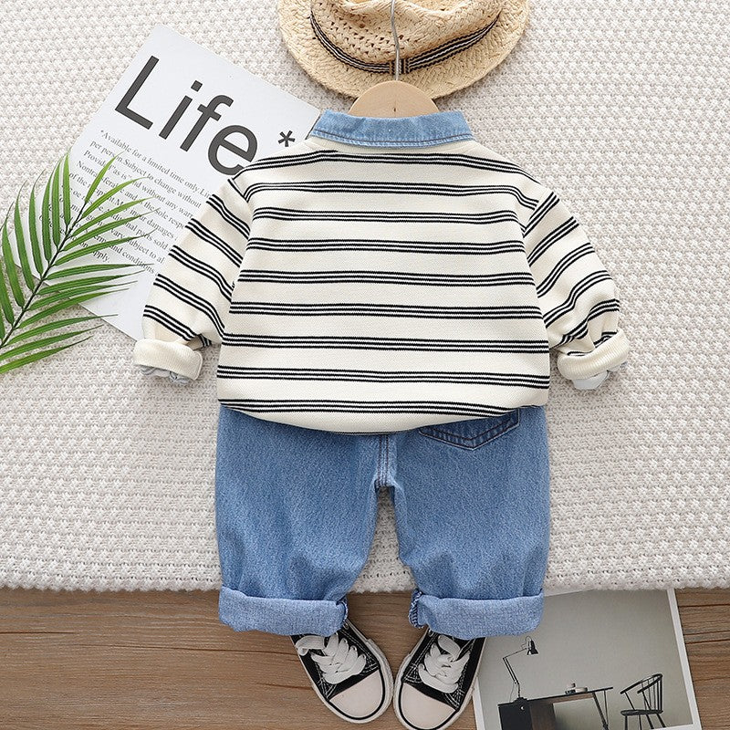 Kids Striped Dinosaur Sweatshirt & Denim Pants Set – Cute Casual Fall & Winter Outfit