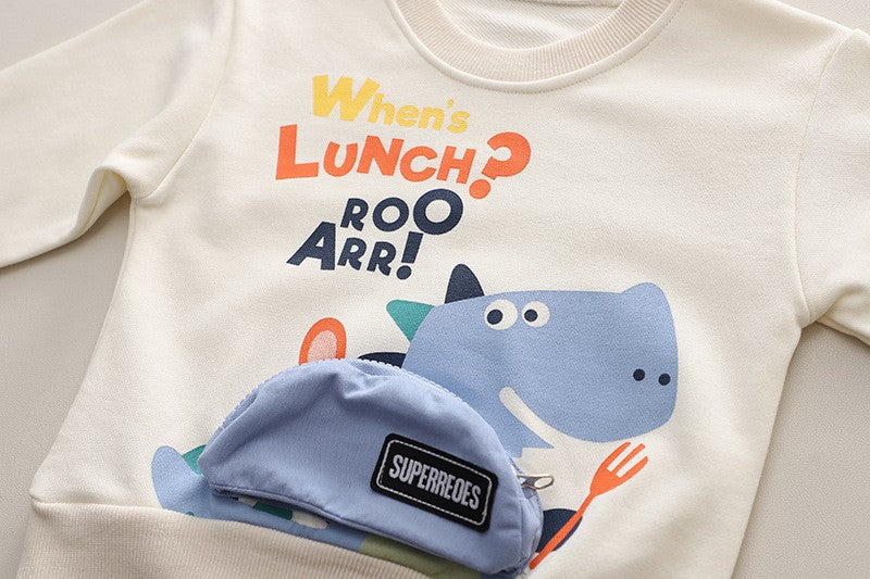 Kids Dinosaur Graphic Sweatshirt & Denim Pants Set – Cute Casual Fall & Winter Outfit