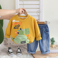 Boys’ Yellow Dinosaur Graphic Sweatshirt Set with Rolled-Cuff Denim Jeans | Cute Casual Outfit for Kids