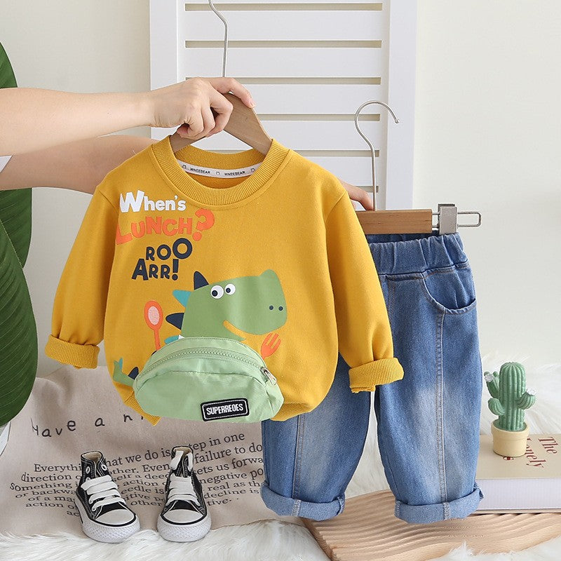 Boys’ Yellow Dinosaur Graphic Sweatshirt Set with Rolled-Cuff Denim Jeans | Cute Casual Outfit for Kids