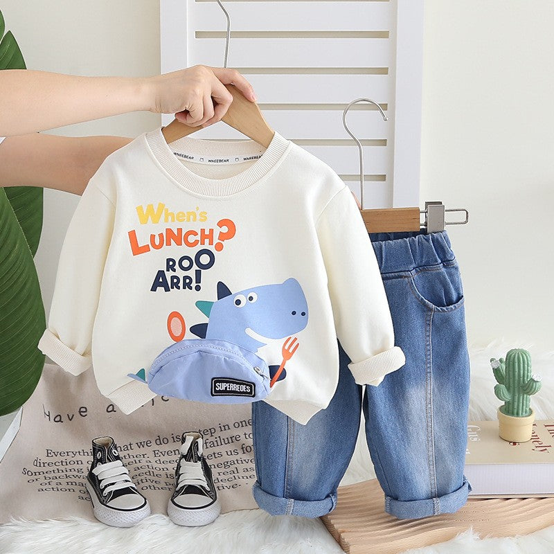Kids Dinosaur Graphic Sweatshirt & Denim Pants Set – Cute Casual Fall & Winter Outfit