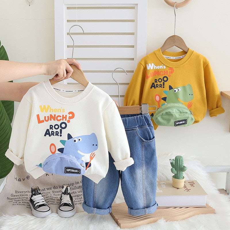 Kids Dinosaur Graphic Sweatshirt & Denim Pants Set – Cute Casual Fall & Winter Outfit