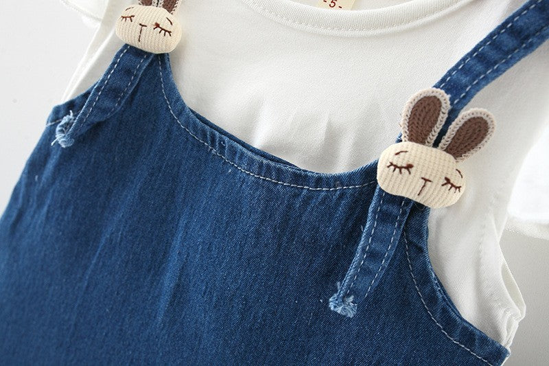 Girls Denim Pinafore Dress & Ruffle Sleeve Top Set – Cute Casual Outfit