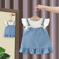 Girls’ Blue Denim Pinafore Dress Set with Ruffle Sleeve T-Shirt | Cute Bunny Detail Outfit for Baby & Toddler Girls