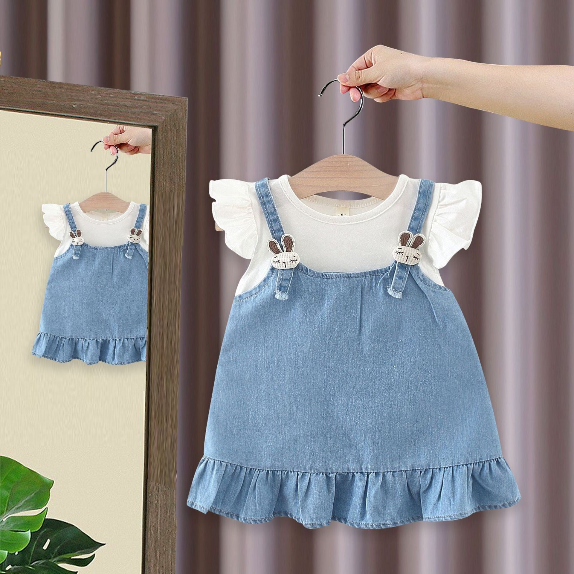 Girls’ Blue Denim Pinafore Dress Set with Ruffle Sleeve T-Shirt | Cute Bunny Detail Outfit for Baby & Toddler Girls